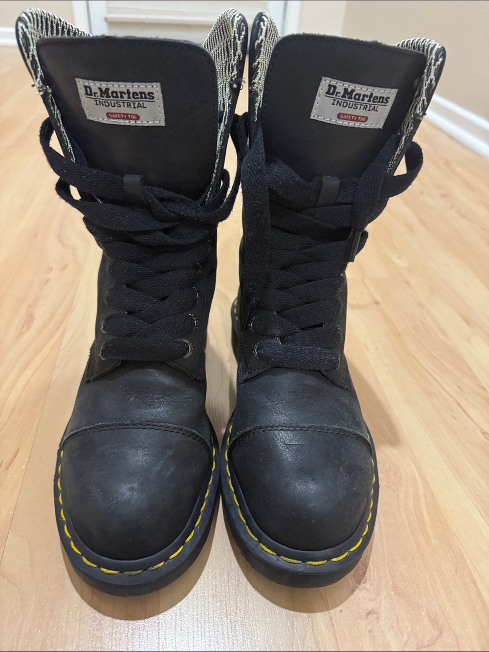 Dr. Martens Black Lace-Up Industrial Boots with Yellow Stitching - Picture 2 of 5